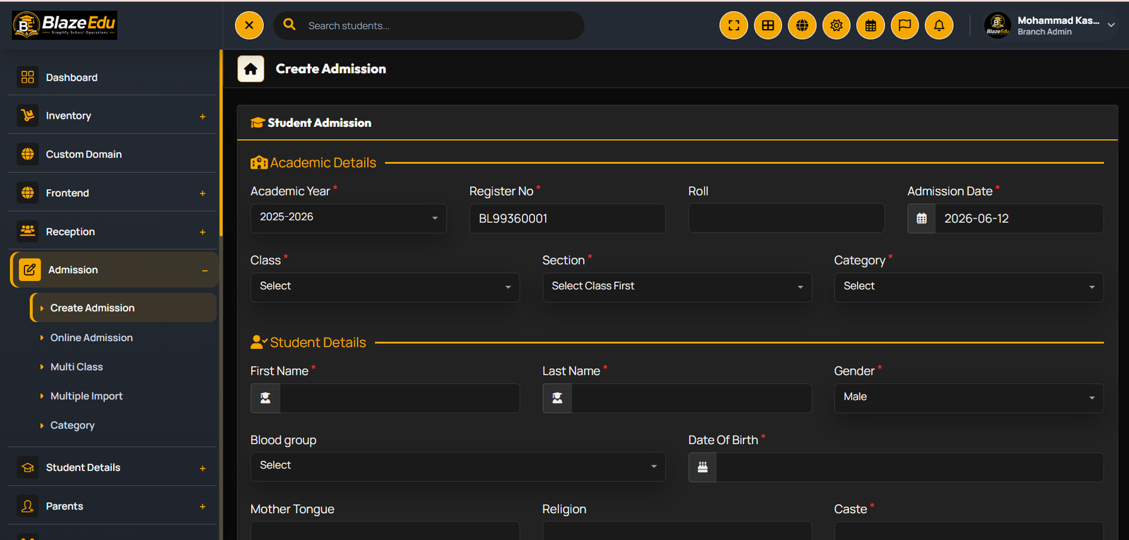 Admission screenshot