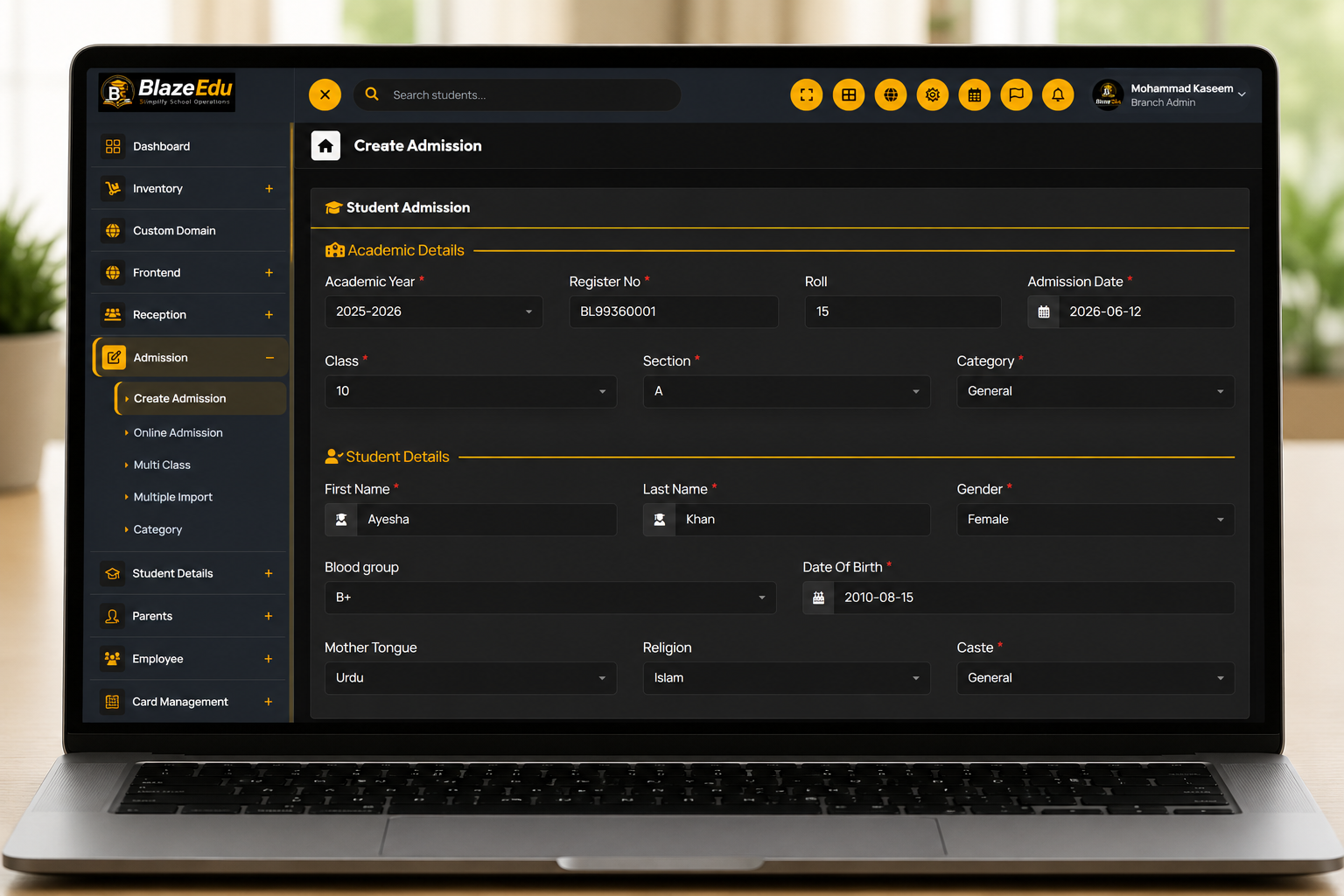 Admissions, enquiries, and fees in one flow product screenshot